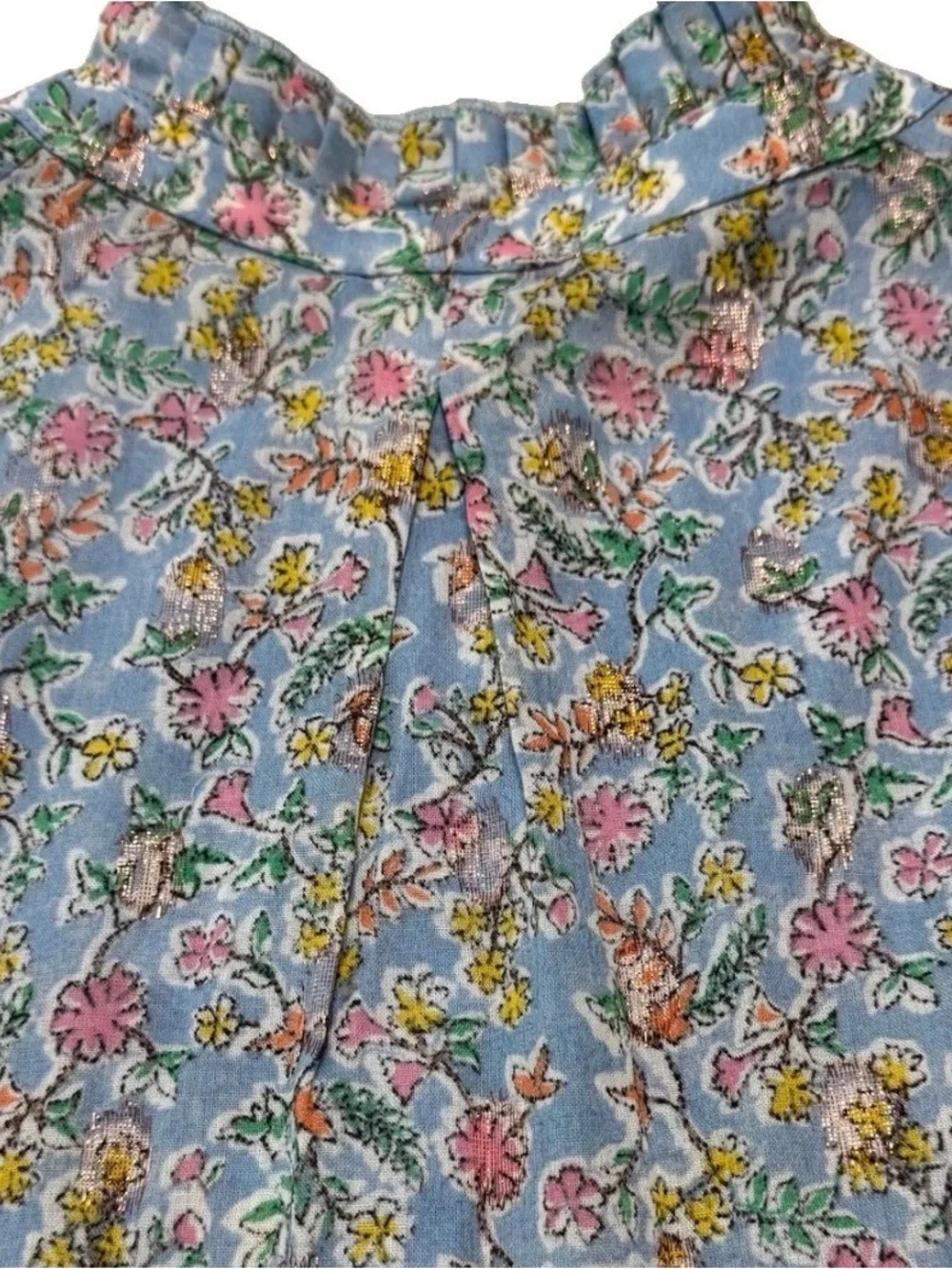 Democracy Light Blue Floral Ruffle-Neck Blouse